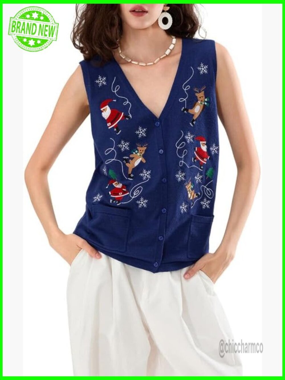 Sequin Gingerbread Sweater Vest V-Neck Sleeveless Loose Fit Cropped